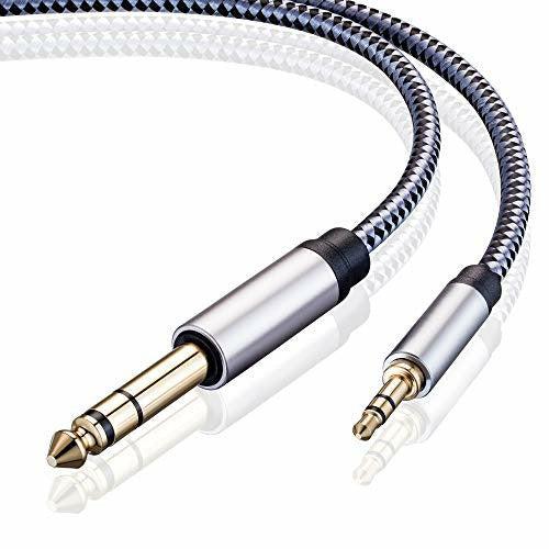 3.5mm to 6.35mm TRS Stereo Audio Cable 8M, Gold-Plated Terminal Silver Color Zinc Alloy Housing 3.5mm 1/8" Male TRS to 6.35mm 1/4" Male TRS Nylon Braided Stereo Audio Cable for iPhone, Amplifiers (8M) 2