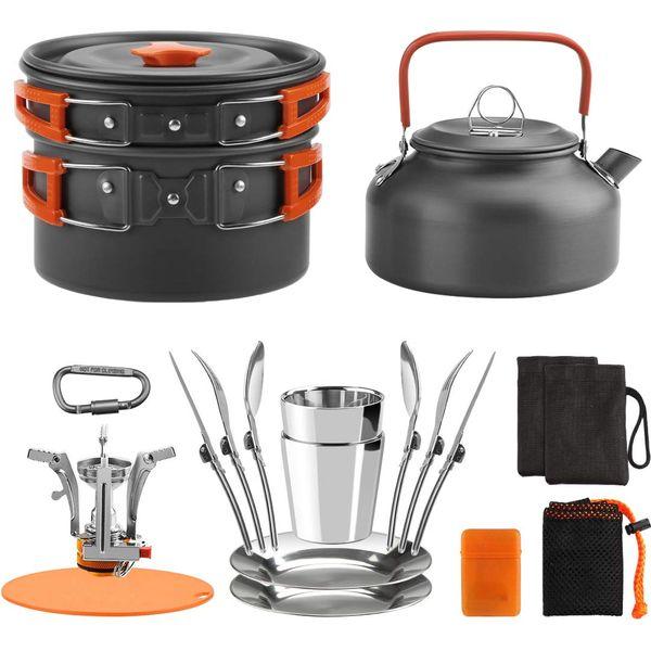 Awroutdoor Multi-PCS Mini Camping Saucepans Kit + Stove Camping Pot Frying Pan, Durable and Compact with Cup, Fork and Spoon for Fishing/Survival/Hiking/Outdoor/Picnic 0