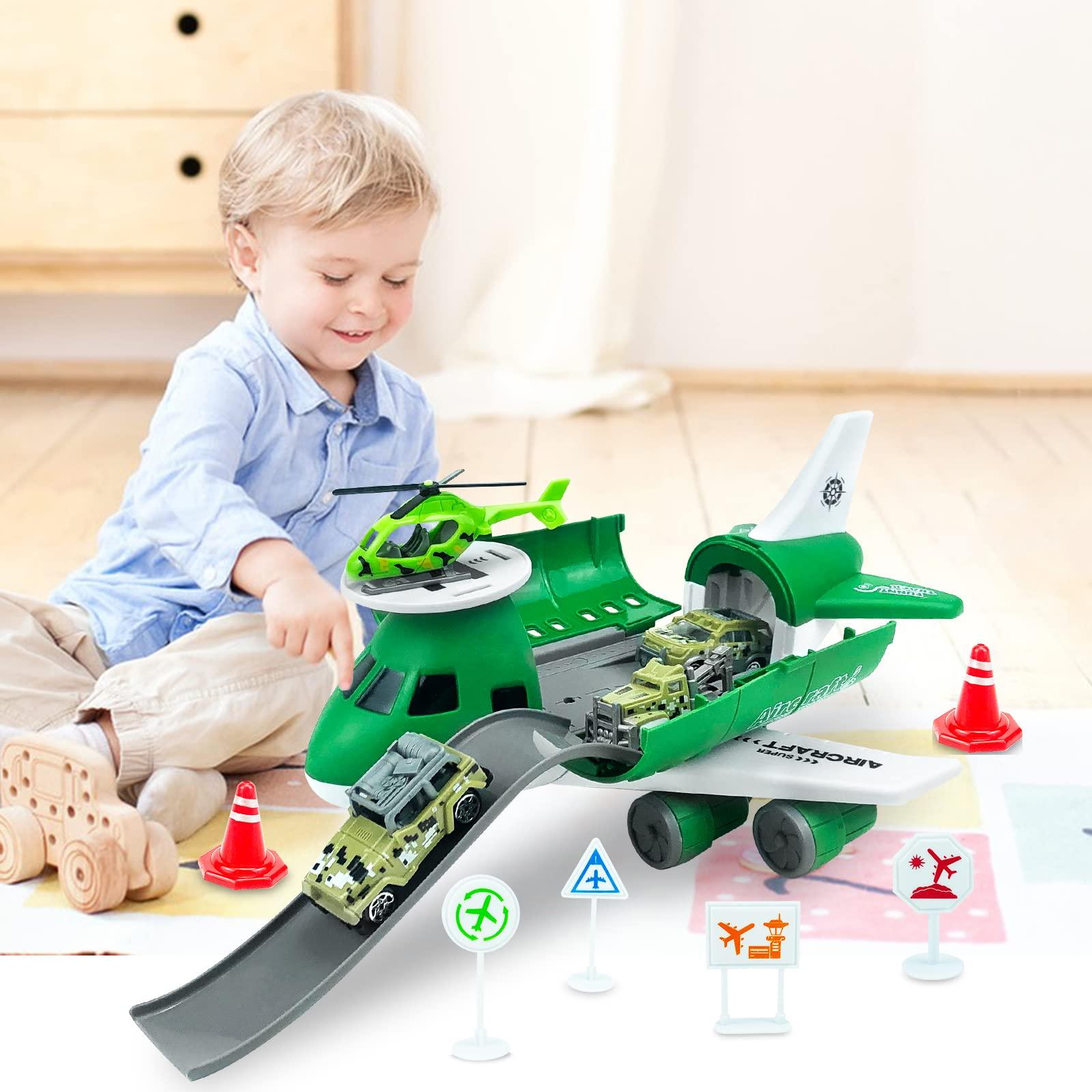 Plane Toy Transport Cargo Airplane Toys for 3 4 5 6 + Year Old Boys Girls,Kids Aircraft Playsets with 1 Helicopter & 3 Military Cars & 6 Road Signs 1