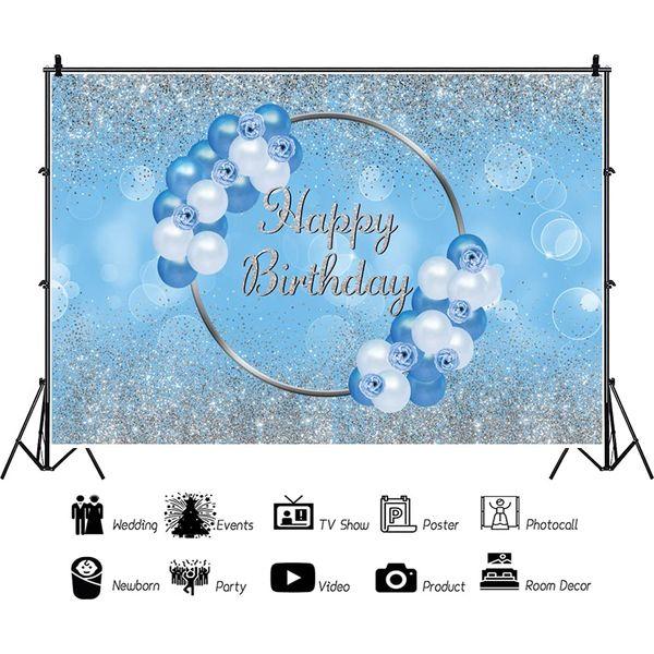 Renaiss 10x6.5ft Blue and Silver Happy Birthday Backdrop Silver Glitter Sparkle Blue White Balloon Flowers Photography Background Kid Adult Birthday Party Dessert Cake Table Decor Studio Booth Props 1