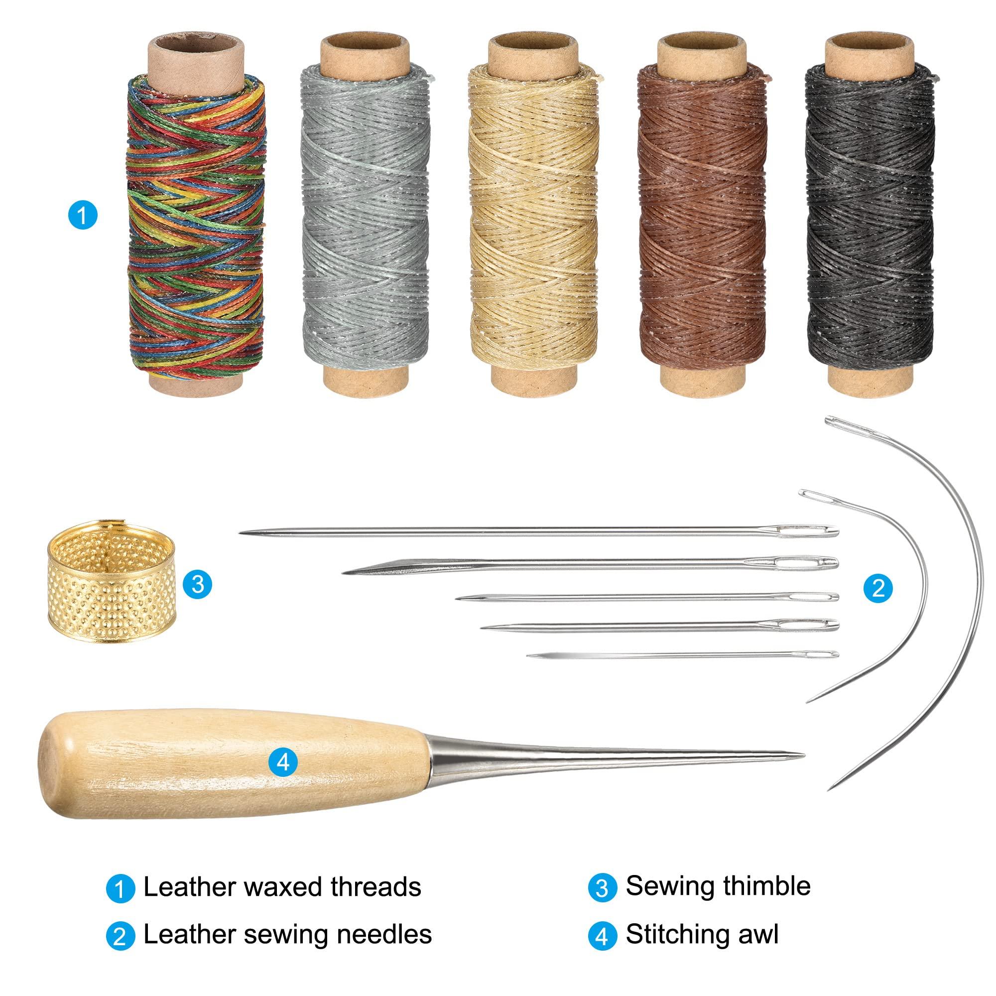 sourcing map Leather Sewing Threads Hand Stitching Tools Kit, Includes 5 Colors Waxed Flat Cord, Sewing Needles, Stitching Awl, Thimble. 1