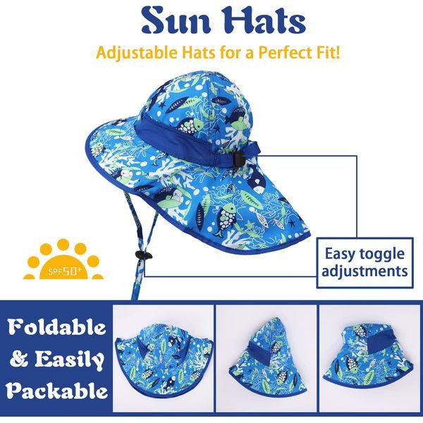 GLAITC Sun Hat Kids, Summer Cap with Neck Flap Adjustable Girls Boys Sun Hat UV Protection Beach Hat with Chin Straps Wide Brim Summer Visor Cap for Baby Toddler and Kids, 3-10 Years (Blue) 2