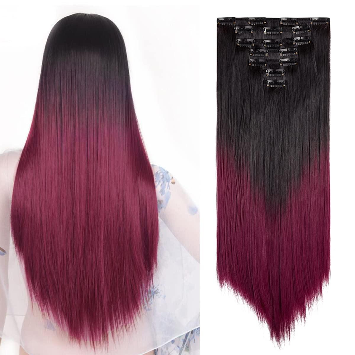 ZAIQUN Clip in Hair Extensions 7Pcs 16 Clips 23 Inch Straight Synthetic Hairpiece Black To Wine Red Hair Extension Full Head Clip in on Double Weft Hair Extensions