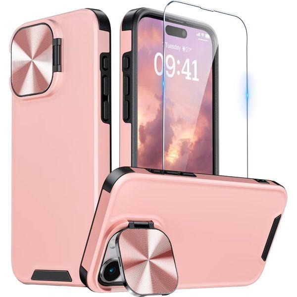 Buysing for iPhone 15 Pro Max Case with Camera Cover Stand [with Screen Protector] Invisible Metal Kickstand Military Grade Hard Matte Shockproof Phone Case 6.7"-Pink 0