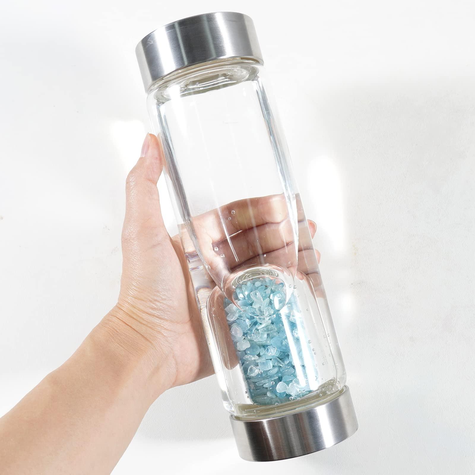 Soulnioi Crystal Glass Water Bottle Crystal, Drinking Flask Cylinder Glass Protective Cover with Crushed Stones Removable Portable Proof Leak Gemstone Bottle Creative Gift- Green/550ML 4