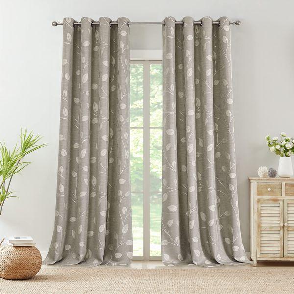 WEST LAKE Khaki Tan White Leaf Jacquard Curtain 2 Panels 90 inch Heavy Linen Textured Semi Sheer with Branches Pattern Grommet Top Window Treatment for Living Room/Bedroom,50"x90"x2 1