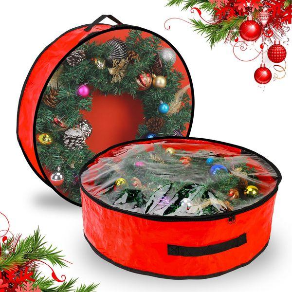 Pwsap 2 Pack Christmas Wreath Storage Container - 30 Inch, Garland Storage, Christmas Large Wreath Storage Container Cover, Durable Tarp Material, Dual Zipper Storage Bag for Xmas Holiday, Red 0