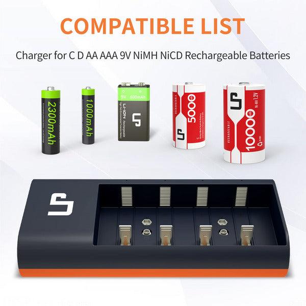 LP Universal Battery Charger LED Display for Rechargeable Batteries NI-MH NI-CD AA AAA C D 9V Li-ion, Smart Battery Charger with AC Adapter Fast Charging for 1.2V NI-MH NI-CD Batteries 1