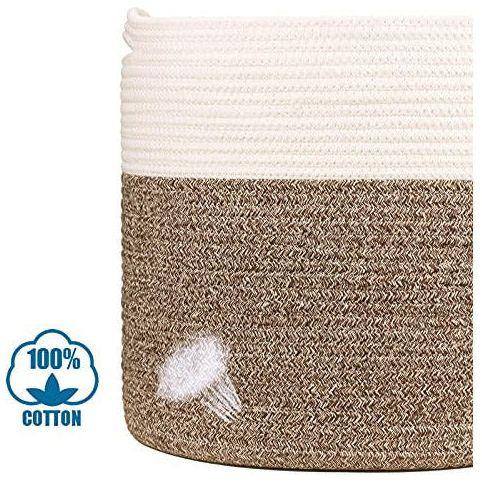 Febzoce Large Cotton Rope Basket with Handles, Woven Storage Basket for Toy Blankets Pillows or Laundry - White/Brown, H35 x D40 CM 1