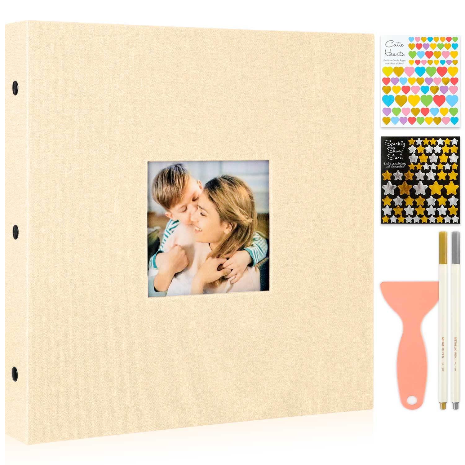 Benjia Photo Album Self Adhesive Scrapbook, Linen Photos Albums Sticky Magnetic Pages Holds Different Sizes 6x4 7x5 A4 A5 Pictures (20 Large Sheets / 40 Pages, Beige) 0