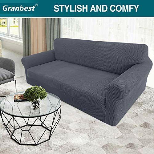 Granbest High Stretch Sofa Covers 3 Seater Super Soft Stylish Couch Covers for Dogs Pets Cats Jacquard Spandex Non Slip Sofa Slipcover for Living Room Furniture Protector (3 Seater, Gray) 1