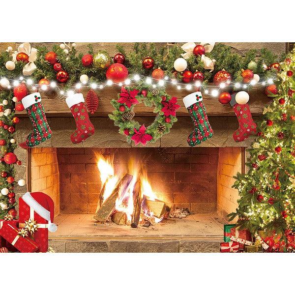 Christmas Fireplace Theme Photography Background Merry Christmas Socks Trees Family Party Decorations Photo Backdrop (8x6ft) 3