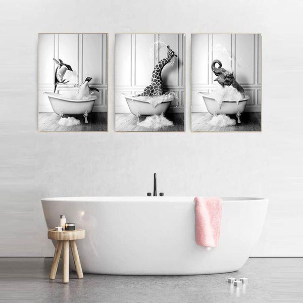 GHJKL Black White Animal Picture, Animal In The Bathtub Wall Art Prints Funny Bathroom Pictures Canvas Poster Home Decor - Without Frame (40 x 60 cm x 4 Pieces, Cute Animals)… 2