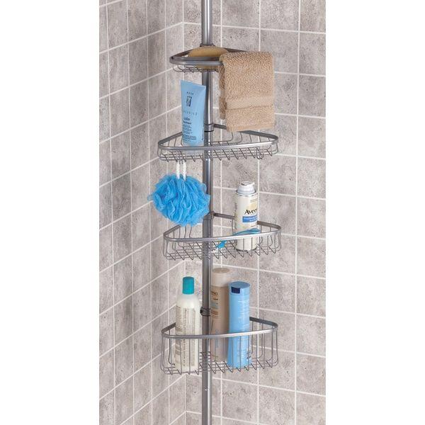 mDesign Telescopic Shower Organiser - Steel Shower Organiser - No Drill Corner Shower Shelves with Towel Bar & Hooks - Ideal for Shampoo, Razors & Other Accessories - Silver 1