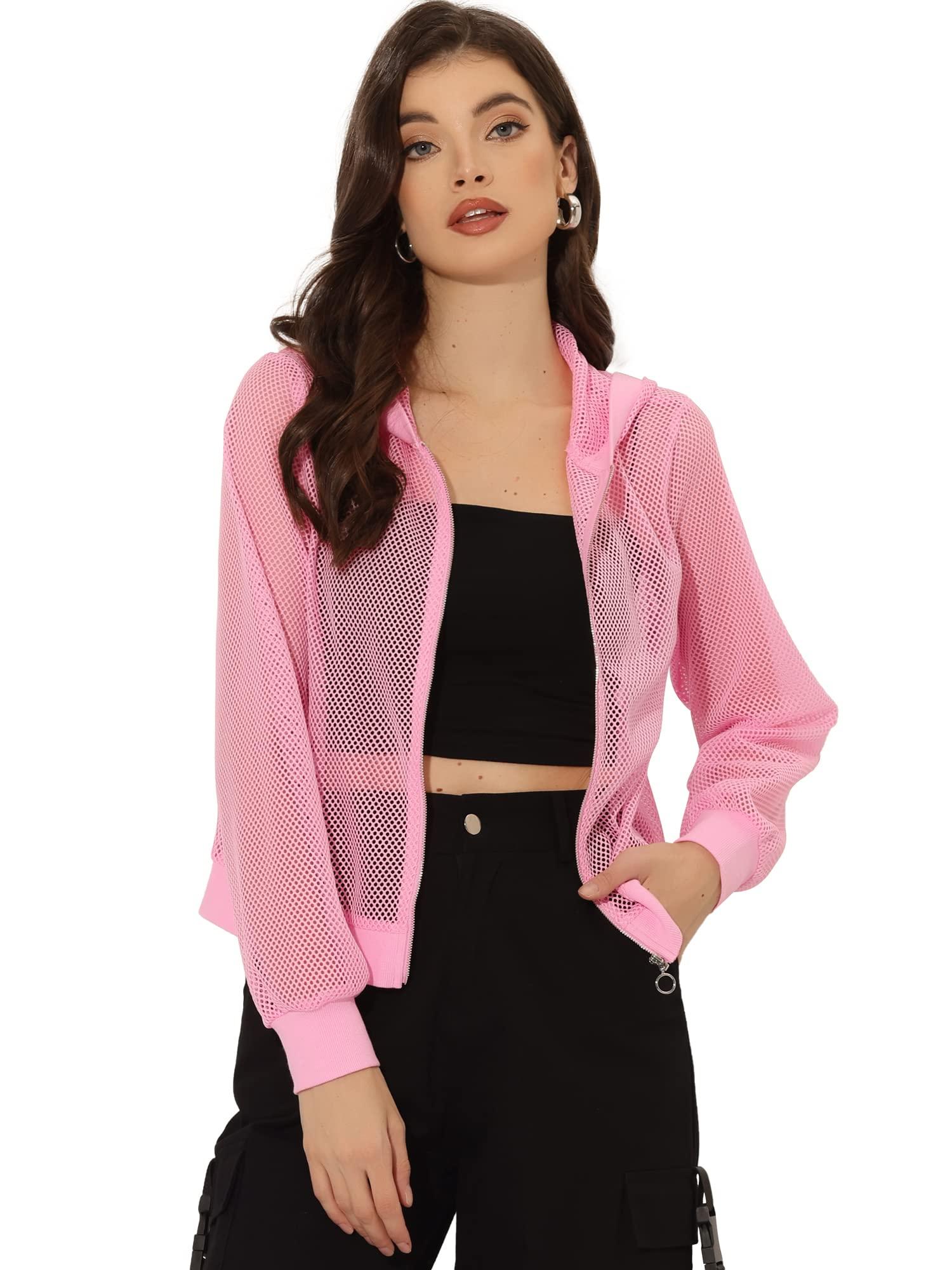 Allegra K Hoodie Jacket for Women's 2023 Zip Up Long Sleeve Mesh Sheer Bomber Jackets Pink XS 0