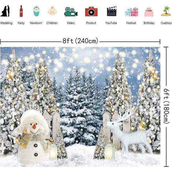 INRUI Glitter Christmas Pine Tree Snowman Photography Background Winter Snowflake White Elk Party Decoration Christmas Snowy Forest Birthday Backdrop (8x6FT) 2