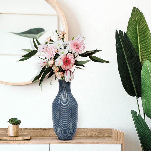 Suanti Matte Blue Flower Vase,Decorative Leaf Pattern Vase 28.5cm Tall for Living Room,Bedroom,Office,Table,Floor,Shelf,Farmhouse Home Decor,Handmade Resin Wedding Centerpiece Vase,Housewarming Gift 3