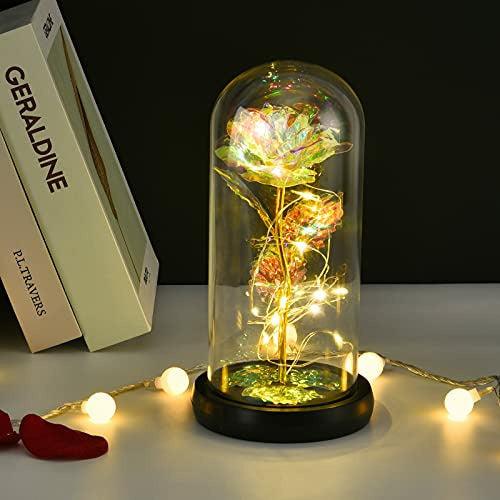Sunm Boutique Beauty and the Beast Rose Kit, Red Rose and LED Light in Glass Dome on Wooden Base for Anniversary Mother's Day Birthday Wedding Valentine's Day 0