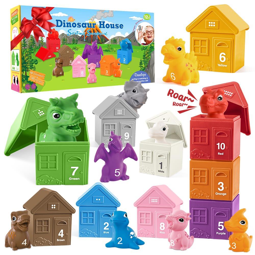 Mini Tudou Montessori Toys for 1,2,3 Year Old,20 Pcs Dinosaur Learning Toys with Finger Puppets & Stacking House,Counting & Matching & Sorting Fine Motor Games,Sorting Toys for Toddlers 1-3 0