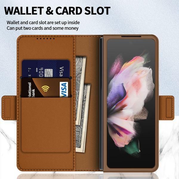 Vizvera for Samsung Galaxy Z Fold 3 Case with S Pen Holder, Three-in-one Magnetic Flip Split All-inclusive Leather With Wallet Card Slot Protective Cover for Galaxy Z Fold 3(Brown) 3