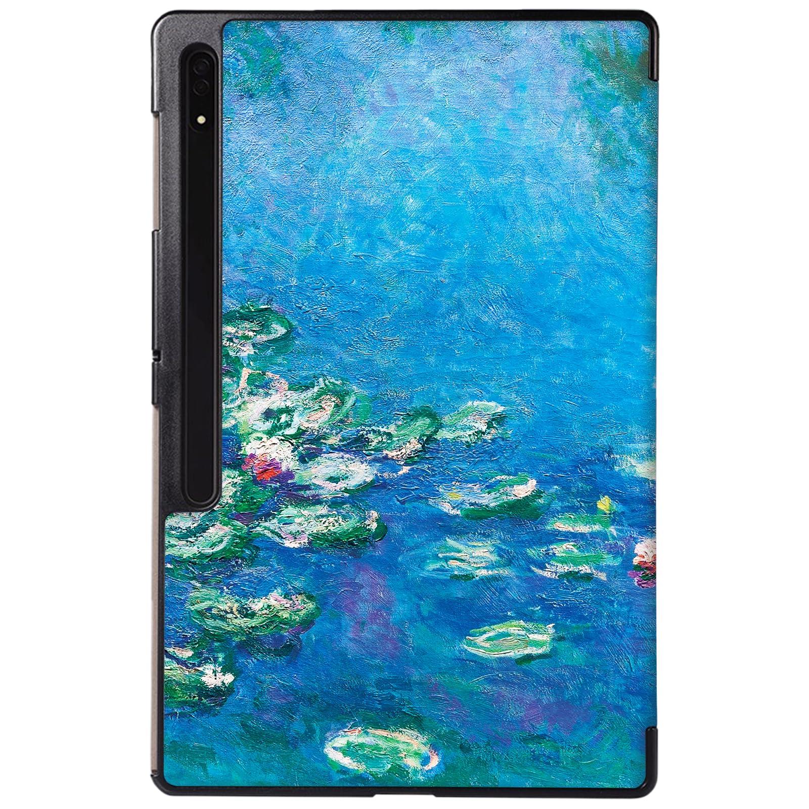 Berkin Arts Samsung Galaxy Compatible with Tab S8 Ultra Case 14.6 inch Model SM-X900/X906 Tri-Fold Stand Cover Cloisonnism Teal Blue Flower Floral (Waterlilies by Monet) 2