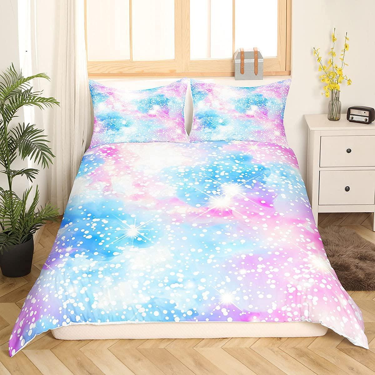 Loussiesd Fantasy Girly Bedding Set Decortaive 3 Pcs Shiny Blue Pink Purple Pastel Colors Duvet Cover for Girls Cute Bling Galaxy Print Bedspreads King Comforter Cover for Kids Teens Colorful 2