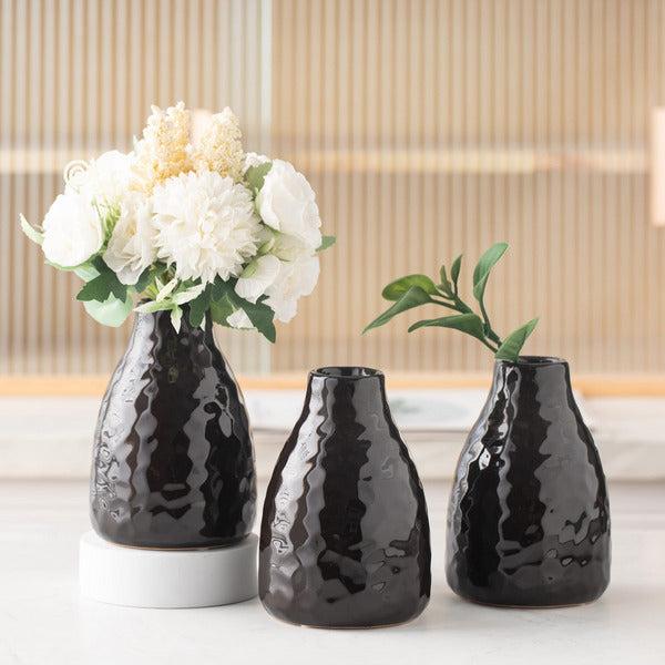 Modern Geometric Light Black Flower Vase Set of 3, Handmade Shinning Vase for Pampas Grass fresh bouquets, Cute Decorative Ceramic Vase for Home, Living Room Office Parties Wedding, 13cm Tall 0