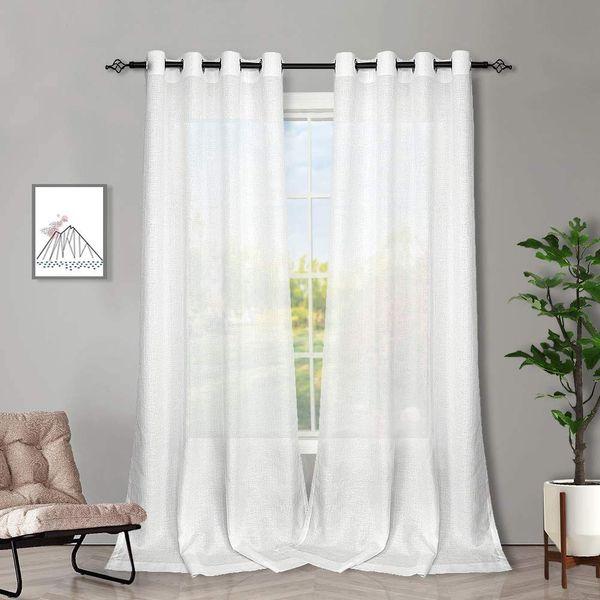 Melodieux 2 Panel Faux Linen Voile Net Curtains Semi Sheer Ring Top Drapes for Bedroom, Living Room, Window - White, 55 x 89 inch drop (140 x 225cm) 0