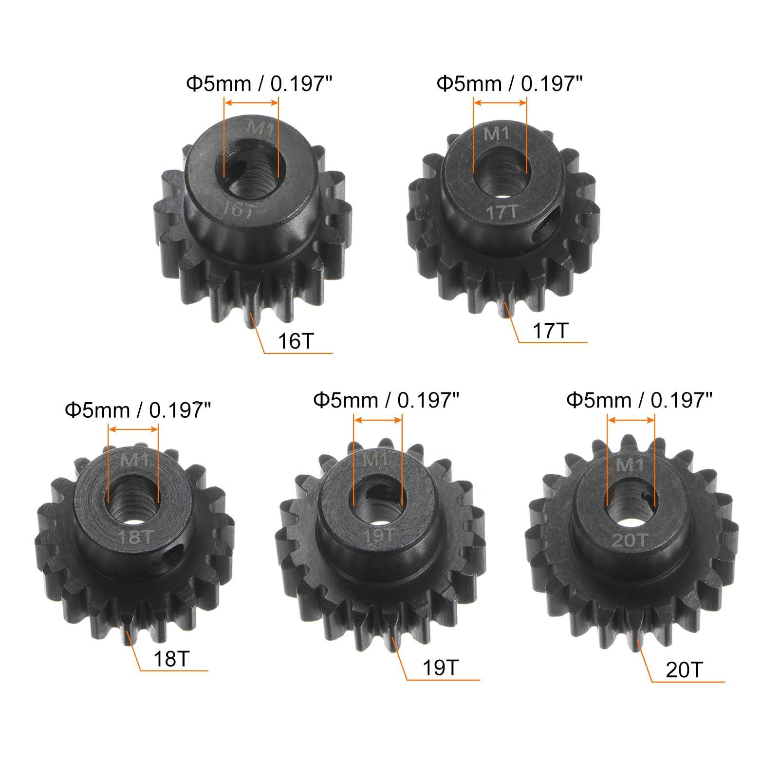 sourcing map Mod 1 M1 Pinion Motor Gear Set 5pcs 16T 17T 18T 19T 20T Fit 5mm RC Motor Shaft M1 Pitch Gears for RC Car, with Hex Key 1