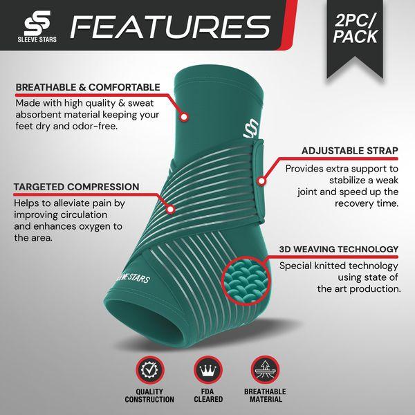 Sleeve Stars Ankle Brace for Sprained Ankle, Plantar Fasciitis Relief Achilles Tendonitis Brace, Ankle Support for Women & Men w/Strap, Heel Protector Wrap for Pain & Compression (Pair/Turquoise) 2