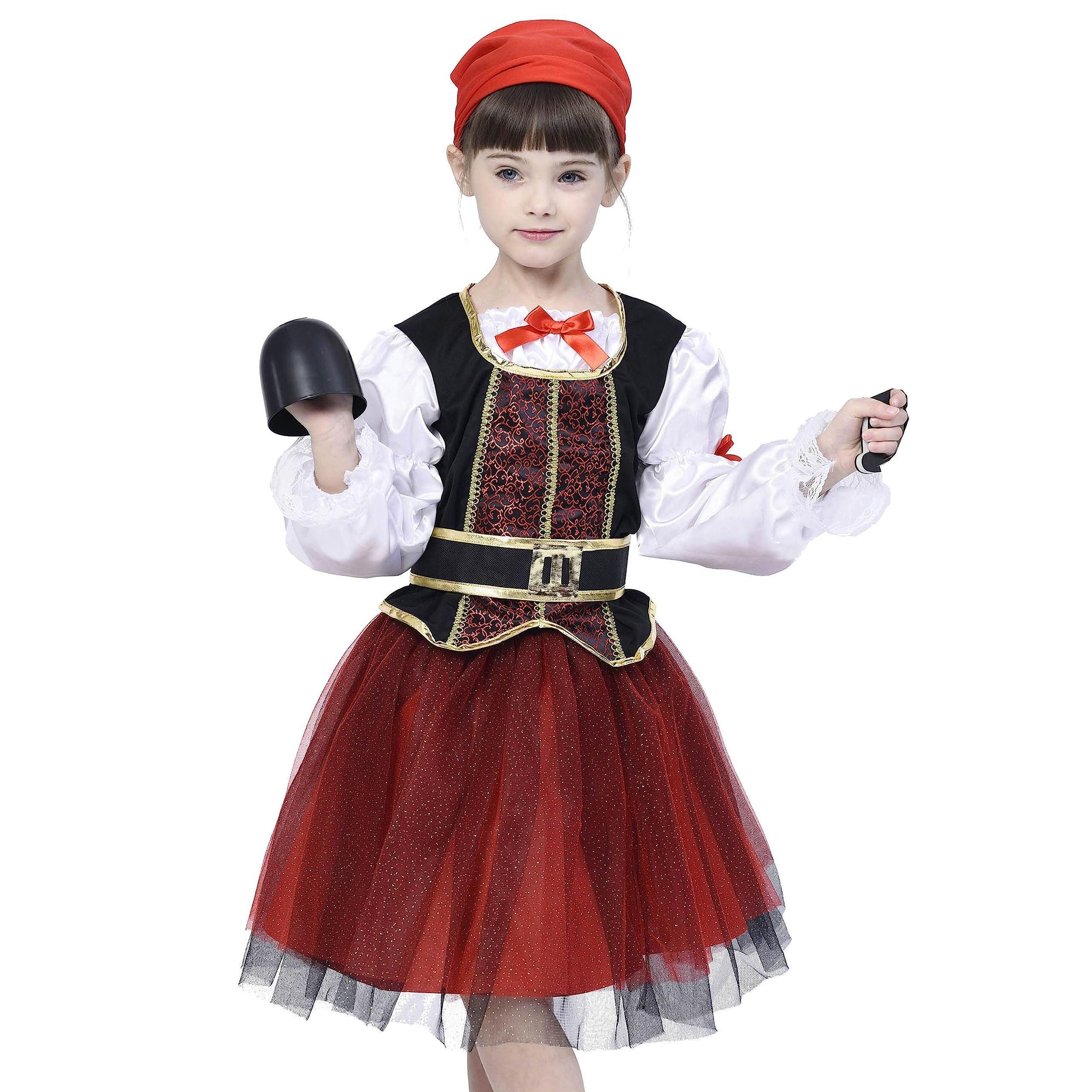 IKALI Pirate Costume for Girls, Deluxe Buccaneer Fancy Dress Outfit (6pcs Set) Animal Dress Outfit Halloween Princess Role-play