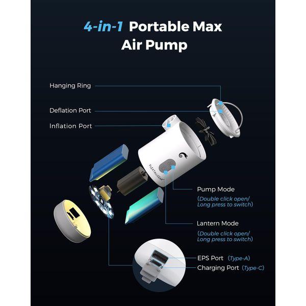 Electric Air Pump Max Pump 2 Pro Portable 4.5 kPa with Rechargeable 3600 mAh Battery,Inflator Deflator with Adjustable Camping Lantern for Pool Floats Air Bed Air Mattress Swimming Ring 3