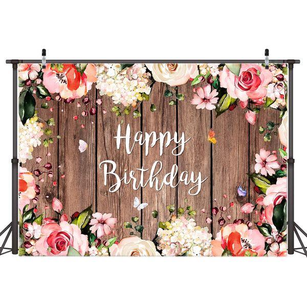 AIIKES 7x5FT Rustic Wood Floral Birthday Backdrop Butterfly Wooden Floor Watercolor Flowers Photography Background Women Girl Baby Shower Newborn Birthday Party Decoration Photo Studio Props 12-452 0