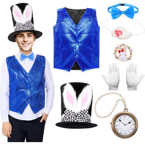 Maryparty Rabbit Costume Adult Easter Bunny Costume Set Blue Sequin Vest Big Clock Rabbit Ears Hat Nose Tail Bow Tie Bunny Costume Accessories for Adult (180) 0