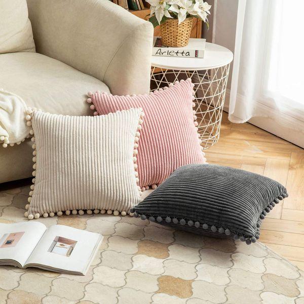 MIULEE Striped Corduroy Fabric Cushion Covers with Pom-poms Solid Cushion Cover Pure Color Pillow Cover Sham Home for Sofa Chair Couch/Bedroom Decorative Pillowcases 20"x20" 2 Pieces Cream 3