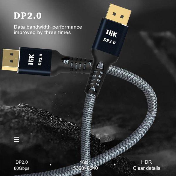 Displayport cable 2.0 compatible with 16K 10K 8K 4K DP1.4 DP 1.2 16K (15360x8640) @ 60Hz 10K / 8K @ 60Hz 4K @ 165Hz 144Hz high speed 80Gbps HDCP 3D ultra-thin and flexible DP to DP cable 3m… 1