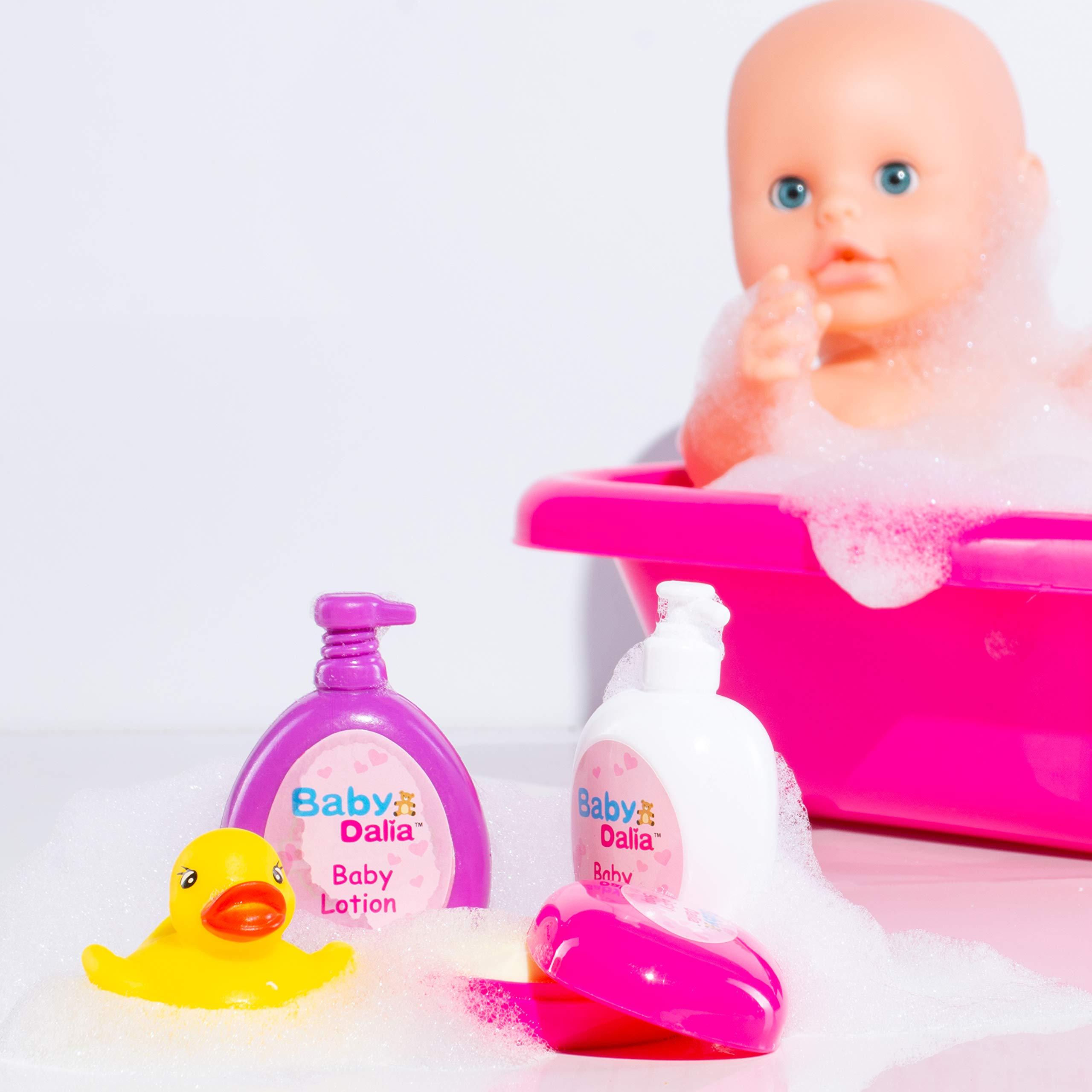 Prextex 8-pc Baby Doll Bath Set with Doll, Crib-shaped Bathtub, Robe Bath Toys Accessories - Baby Dalia Dolls Bathing Gift Toy Alive-like Set for Boys and Girls 3+ Excellent Stocking Fillers! 4