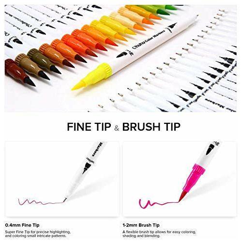 Fine and Brush Dual Tips Colouring Pens, Ohuhu 60 Watercolor Pens, Brush Fineliner Felt Tip Pens Art Markers, Water Based Highlighter Pen for Calligraphy Drawing Sketching Coloring Book 2