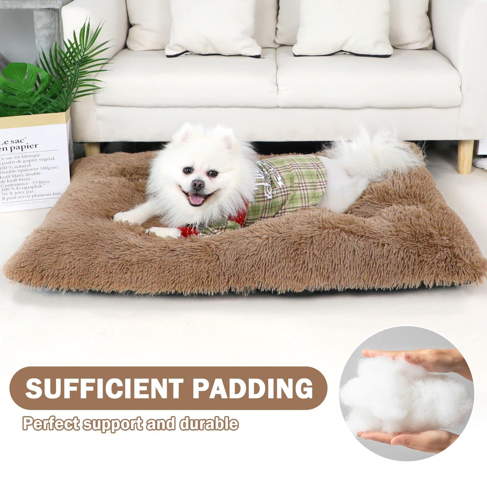 Nepfaivy Large Dog Bed Washable - Calming Anti Anxiety Dog Bed, Fluffy Dog Crate Mattress Cushion with Non-slip Bottom for Medium and Large Dogs and Pets, Khaki, 93x65cm 2