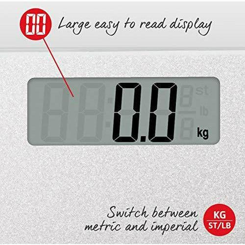 Salter Glitter Bathroom Scales - Supersize Digital Display Electronic Scale for Precise Weighing, Toughened Glass Platform, Step-On for Instant Reading, Metric + Imperial - Silver 2