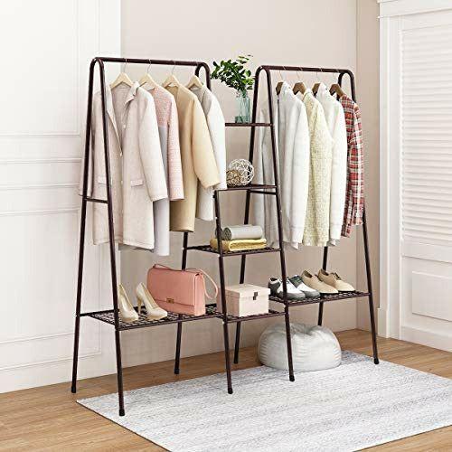 HOMERECOMMEND Large Clothes Rail Clothing Rack Stand, Metal Coat Rack, Coat Rack, Top Rod Metal and Shoe Rack Large Storage Space Brown