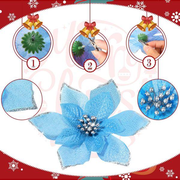 Cindeer 36 Pcs 3 Size Christmas Tree Decorations Poinsettias Artificial Flowers Ornaments Glitter Faux Christmas Flowers with Clips for Xmas New Year Home Wedding Outdoor, 4", 6" and 9" (Lake Blue) 2