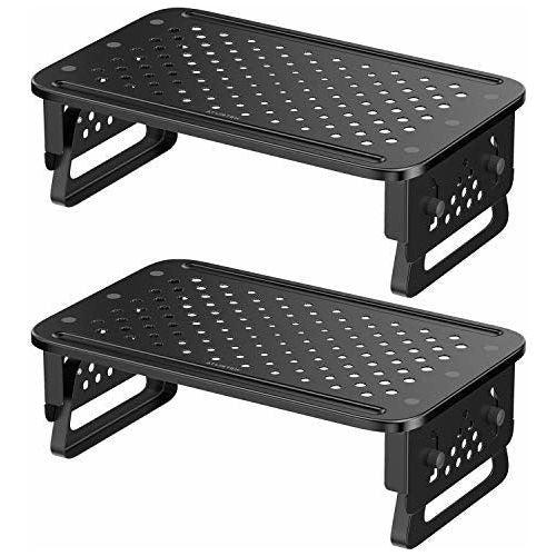 2 Pack - ATUMTEK Monitor Stand Riser [Aircraft Grade Aluminium] 3 Height Adjustable Metal Desk Monitor Stand with Mesh Platform for Computer Screen Laptop iMac PC and More (W370 x D230 x H140mm) 0