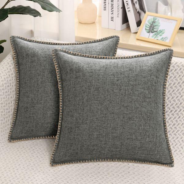 decorUhome Set of 2 Linen Cushion Covers 60X60cm, Decorative Outdoor Plain Vintage Cushion Covers with Stitched Edges, large Square Farmhouse Neutral Pillow case 24x24 Inch for Sofa, Dark Grey 0