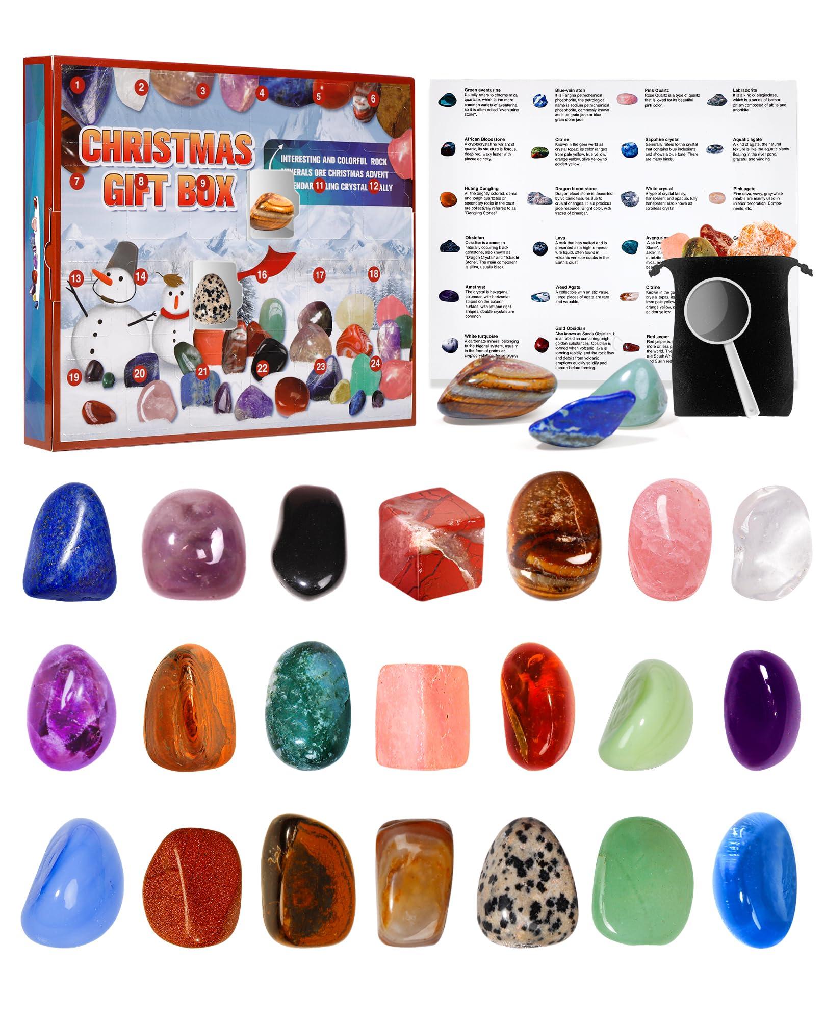 Gemstone Advent Calendar 2023 For Kids, Christmas Countdown Calender, 24 PCS Crystals, Natural Rock Stones and Minerals, DIY Advent Calendar, Christmas Gifts for Girls Boys Geology Enthusiasts