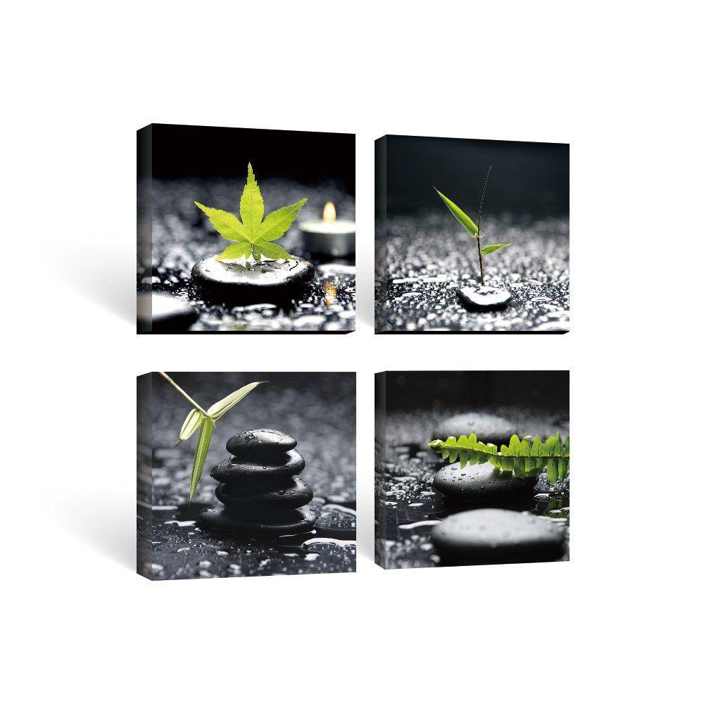 SUMGAR Bathroom Wall Art Zen Stone Canvas Pictures Black and White Artwork for Walls Lime Green Leaf Print Framed Plant Pebble Painting Nature Scenery Bedroom Decor 30x30cm Set of 4