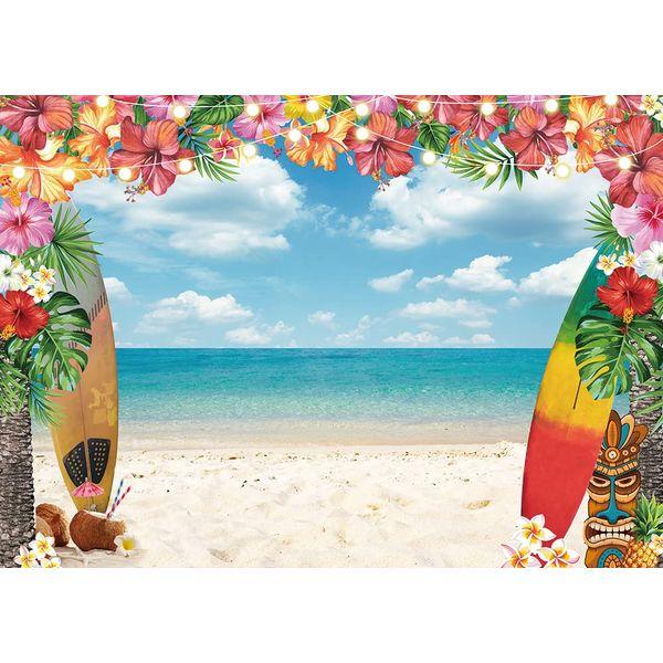 Summer Hawaiian Beach Backdrop Sky Ocean Tropical Palm Flower Surfboard Glitter Photography Background Baby Shower Aldult Kids Birthday Party Decoration 8x6FT 1