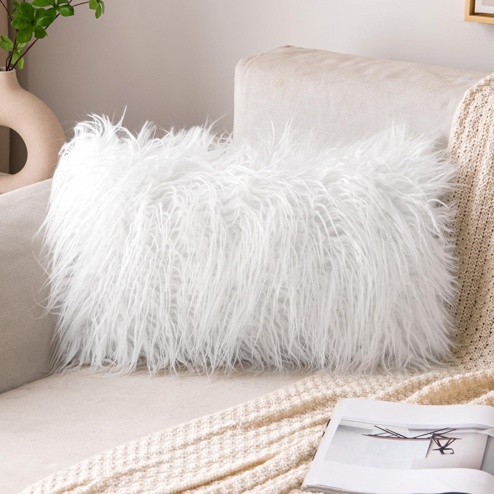 MIULEE Fluffy Decorative Square Plush Pillow Case Faux Fur Cushion Covers For Sofa Bedroom Car 18 x 18 Inch 45 x 45 CM White Set of 2 0