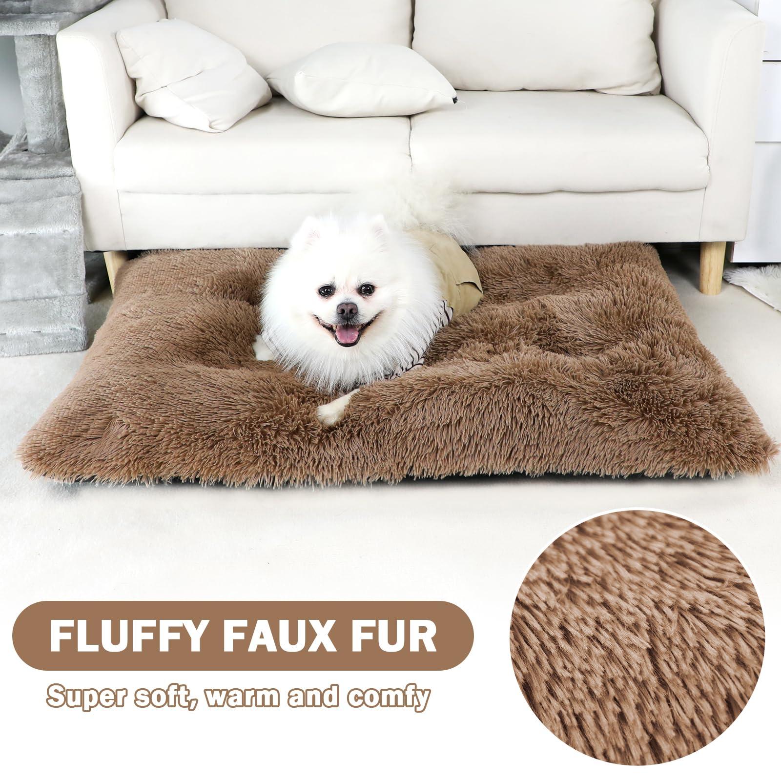 Nepfaivy Large Dog Bed Washable - Calming Anti Anxiety Dog Bed, Fluffy Dog Crate Mattress Cushion with Non-slip Bottom for Medium and Large Dogs and Pets, Khaki, 93x65cm 1