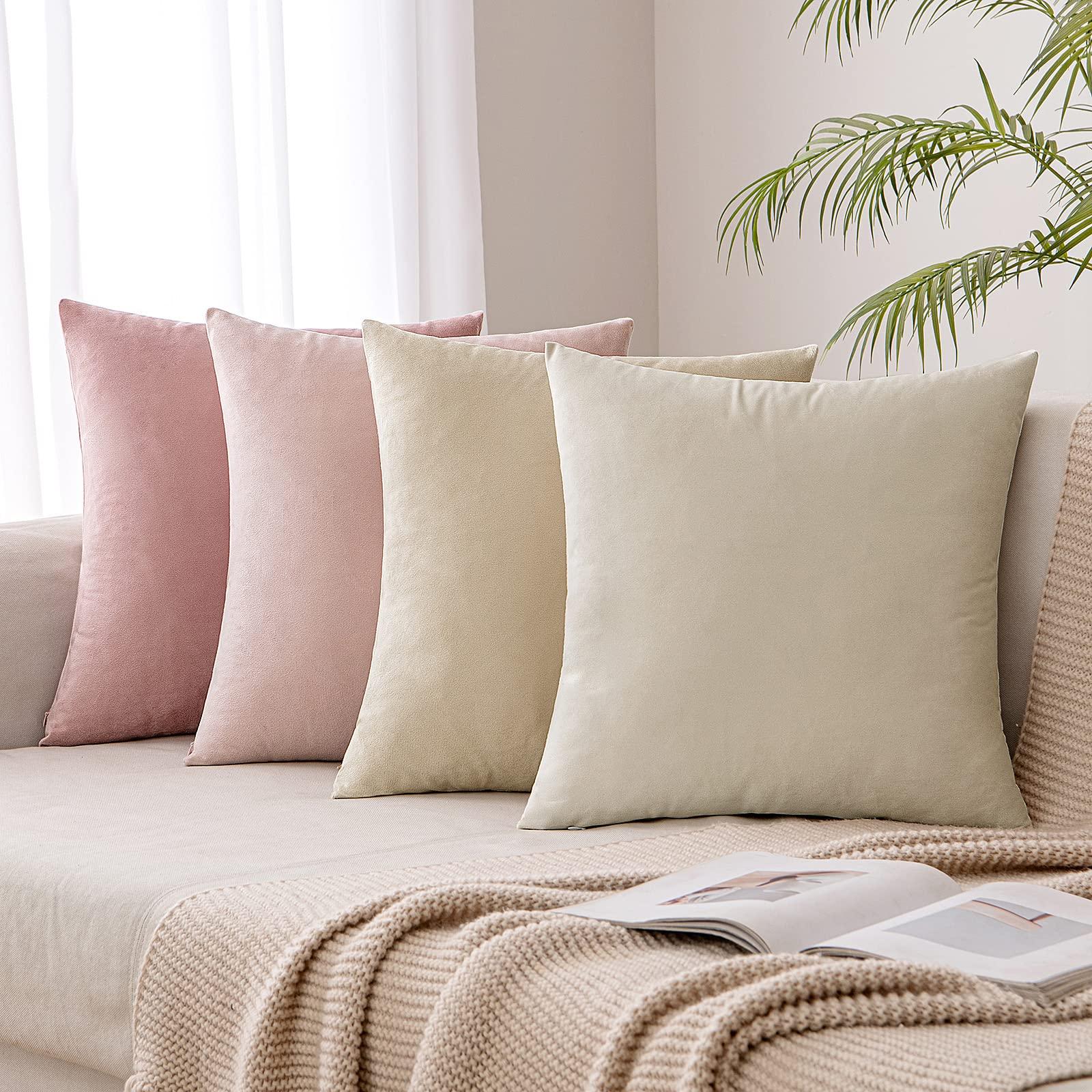 MIULEE Set of 4 Velvet Cushion Covers Soft Decorative Square Throw Pillow Cover Luxury Pillowcases for Livingroom Sofa Bedroom with Invisible Zipper 50cm x 50cm,20x20 Inches Pink White Series 1